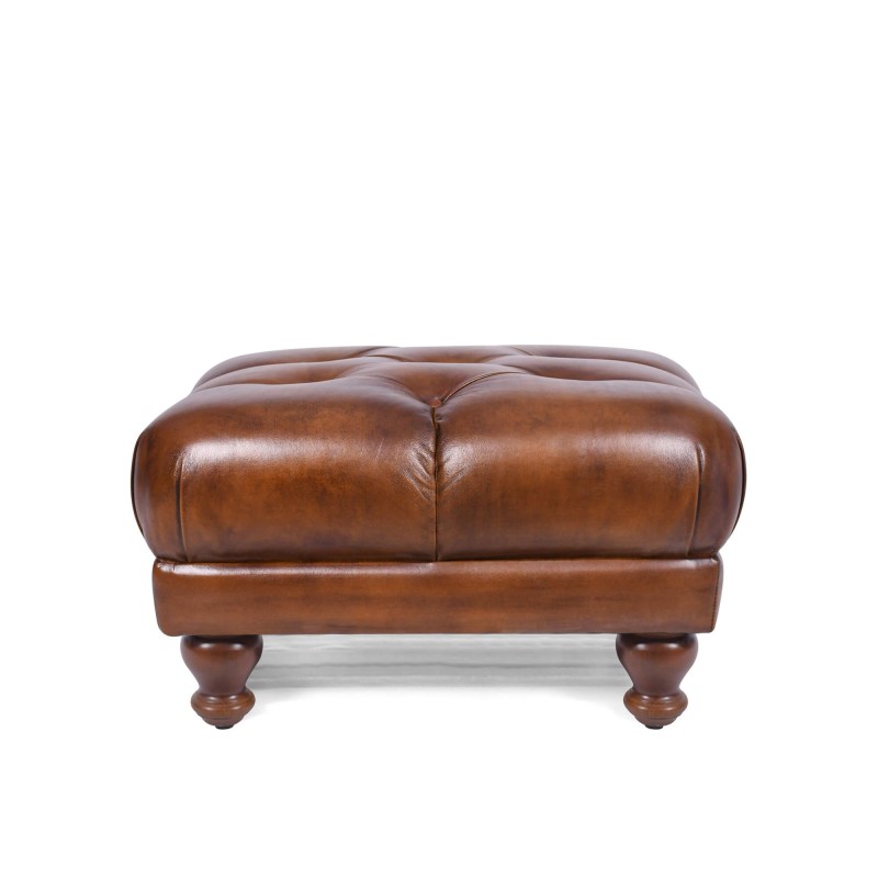 Gecapitonneerde poef van echt bruin leer