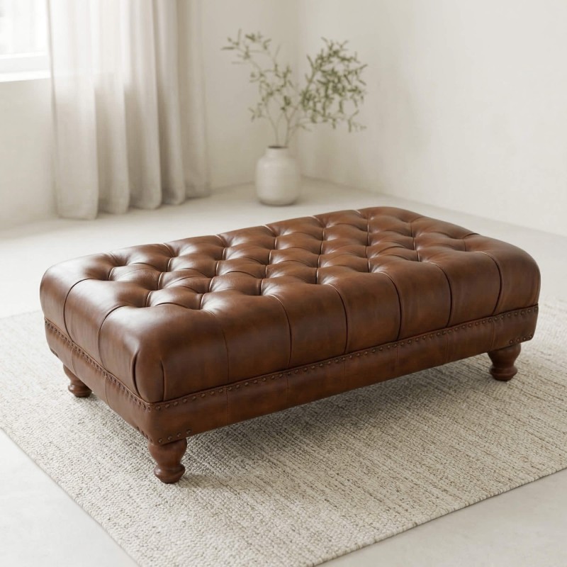Voetenbank met capitonnage in echt bruin leer