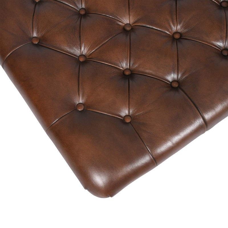 Voetenbank met capitonnage in echt bruin leer