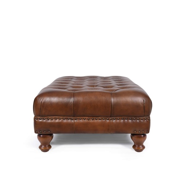 Voetenbank met capitonnage in echt bruin leer