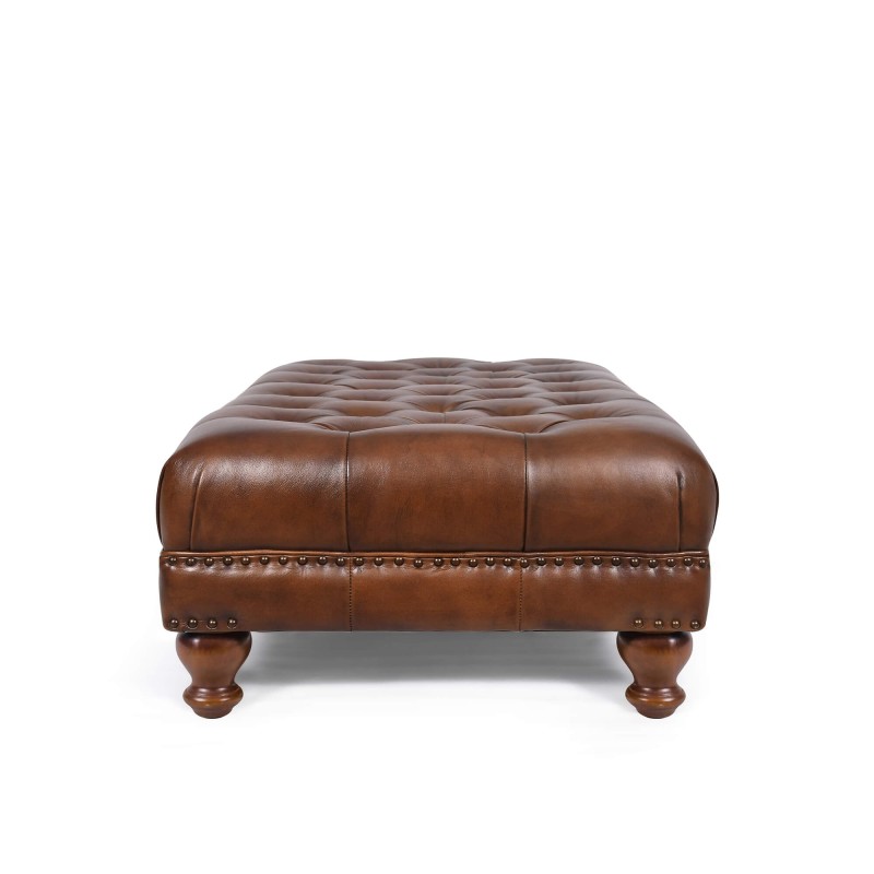 Voetenbank met capitonnage in echt bruin leer