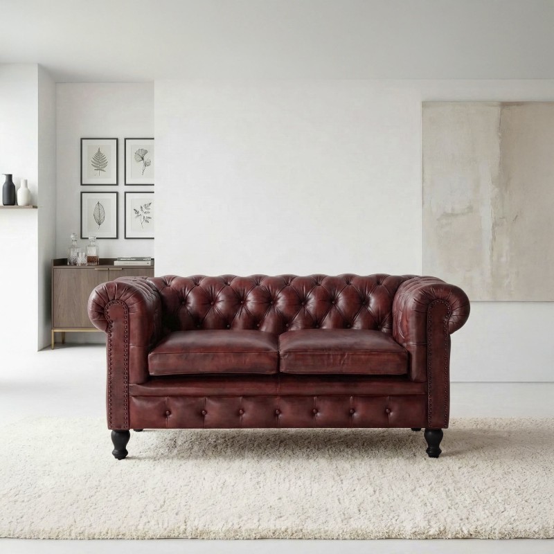 Chesterfield bank van echt bordeaux leer 2-zits - Edward