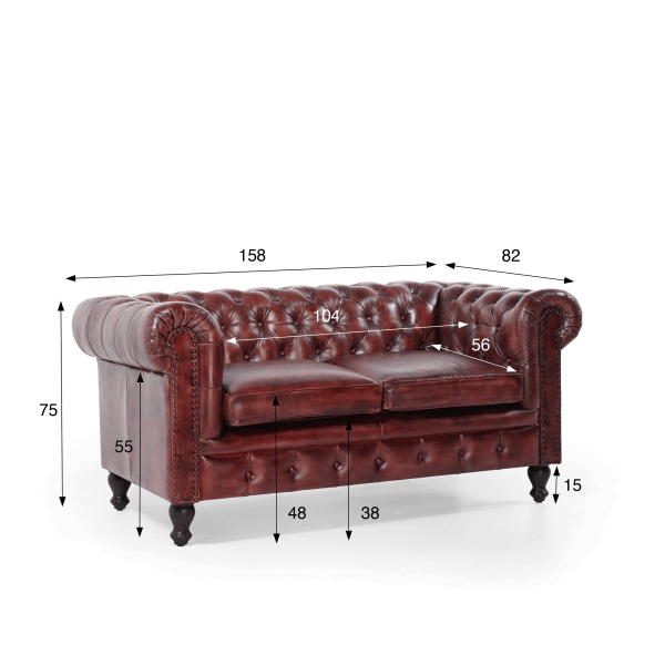 Chesterfield bank van echt bordeaux leer 2-zits - Edward
