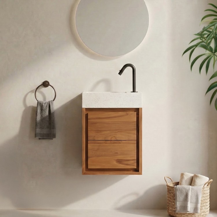 Hangwastafel van massief teakhout met witte terrazzowastafel - Tanvi