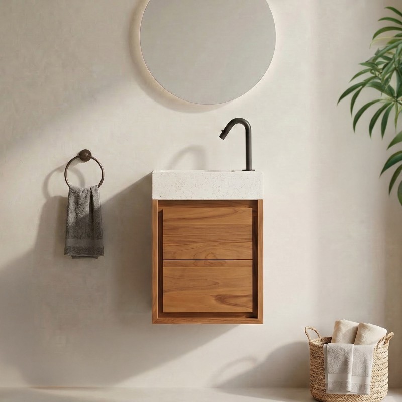 Hangwastafel van massief teakhout met witte terrazzowastafel - Tanvi