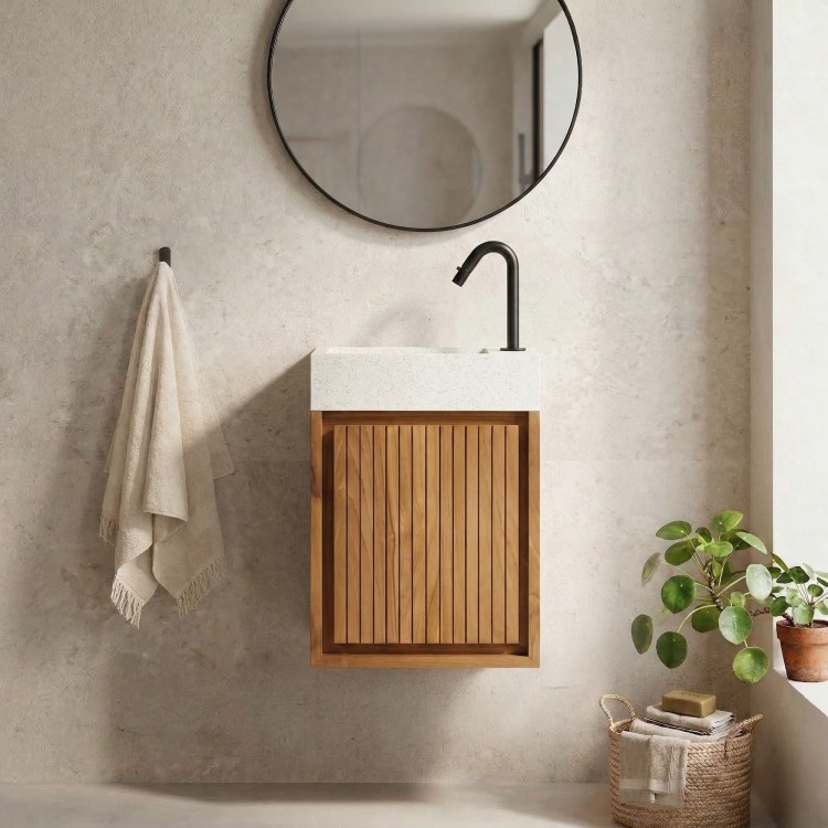 Hangwastafel van massief teakhout met witte terrazzowastafel - Tusti