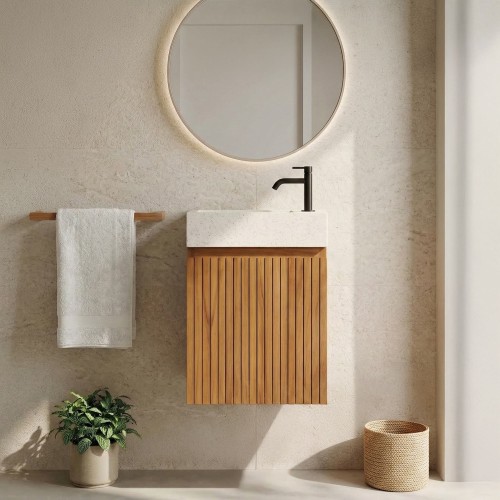 Hangwastafel van massief teakhout met witte terrazzowastafel - Trishna