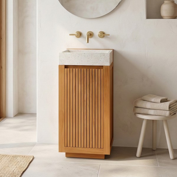 Wastafelmeubel van massief teakhout met witte terrazzo waskom - Kali