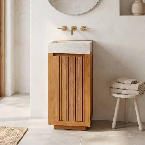 Wastafelmeubel van massief teakhout met witte terrazzo waskom - Kali