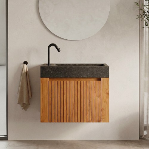 Hangwastafel van massief teakhout met zwart terrazzo wastafelblad - Nila