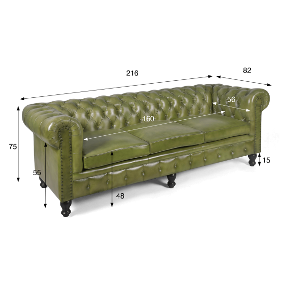 Chesterfield bank van echt groen leer 3-zits - Edward