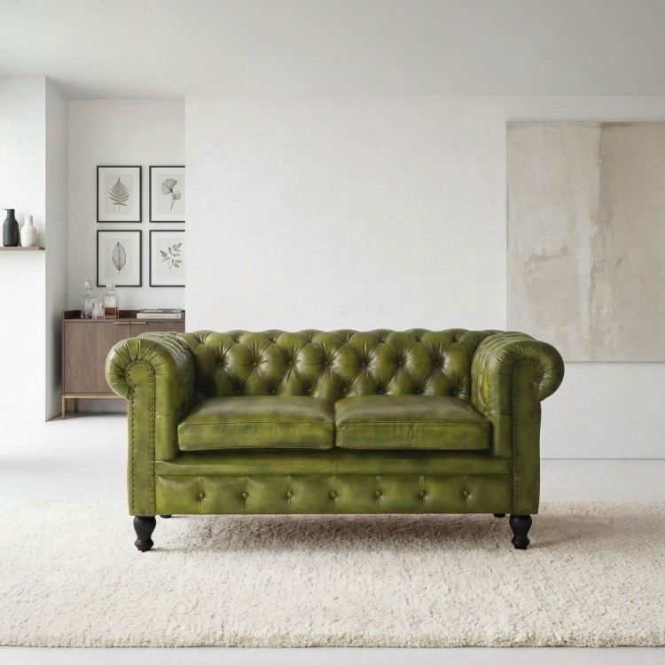 Chesterfield bank van echt groen leer 2-zits - Edward