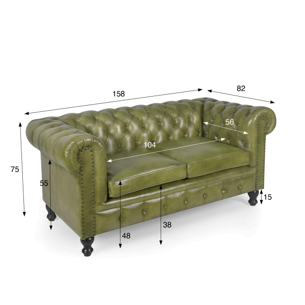 Chesterfield bank van echt groen leer 2-zits - Edward