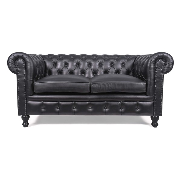 Chesterfield bank van echt zwart leer 2-zits - Edward
