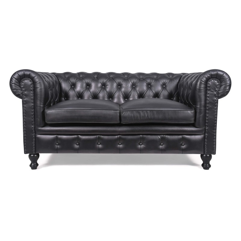 Chesterfield bank van echt zwart leer 2-zits - Edward