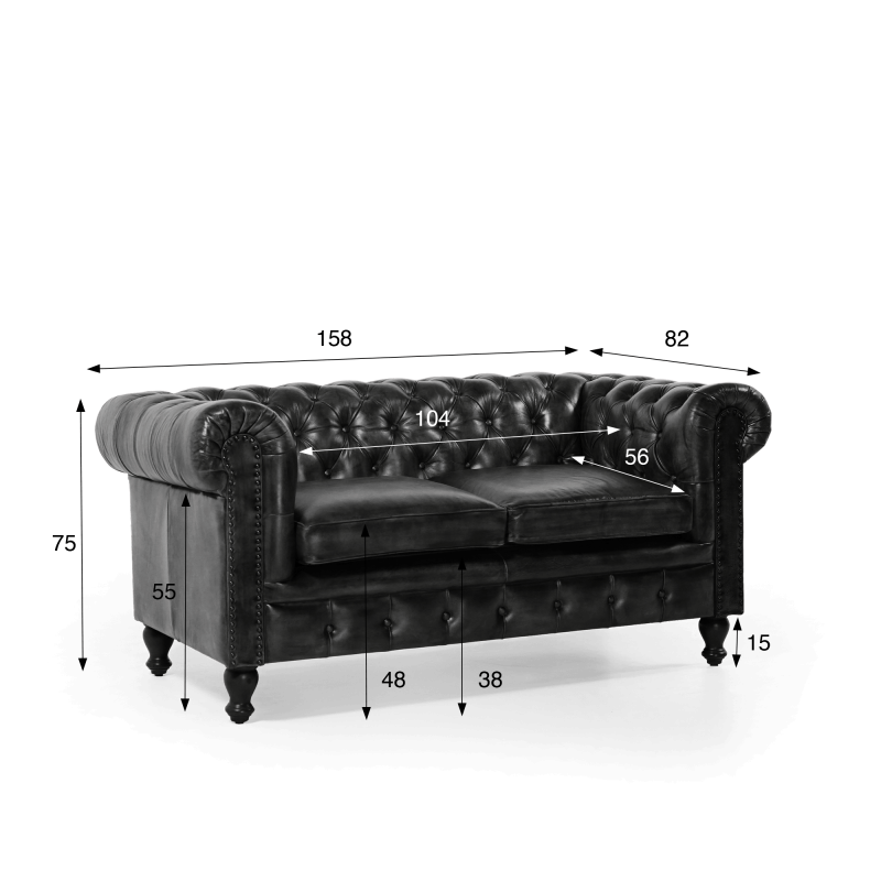 Chesterfield bank van echt zwart leer 2-zits - Edward