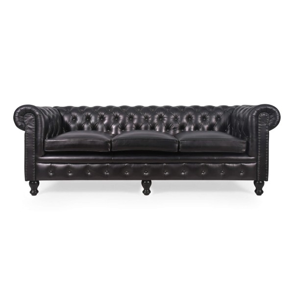 Chesterfield bank van echt zwart leer 3-zits - Edward