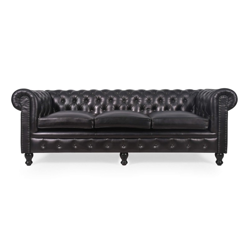 Chesterfield bank van echt zwart leer 3-zits - Edward