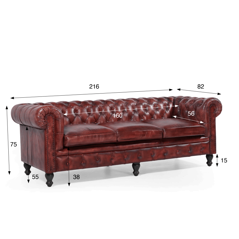 Chesterfield bank van echt bordeaux leer 3-zits - Edward