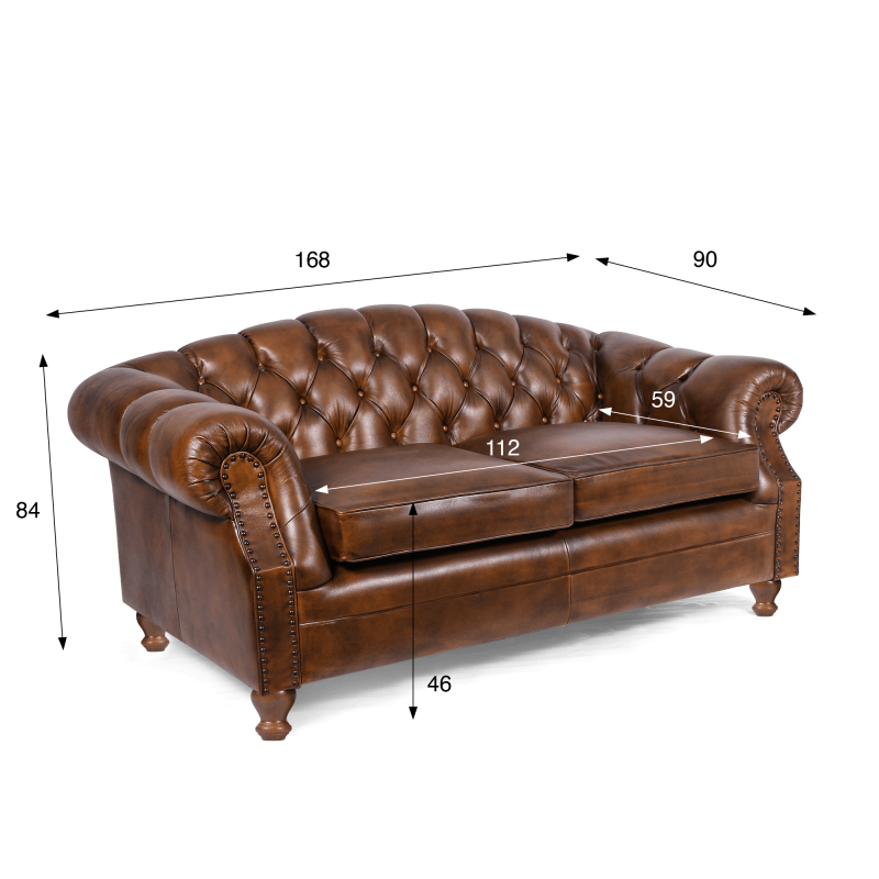 Chesterfield bank van echt bruin leer 2-zits - Harold