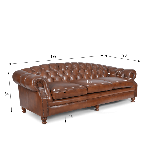 Chesterfield bank van echt bruin leer 3-zits - Harold