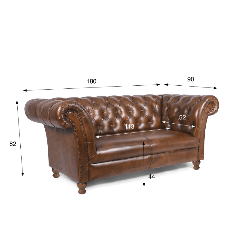 Chesterfield bank van echt bruin leer 2-zits - Henry