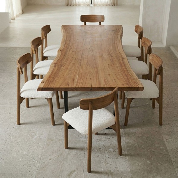 Houten stoel met witte bouclette stof - Alba