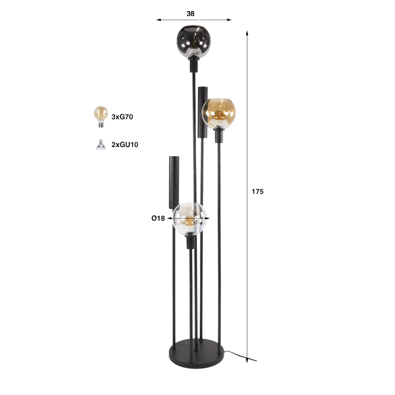 Vloerlamp voor de woonkamer met glazen kap en zwart metaal - Sfera