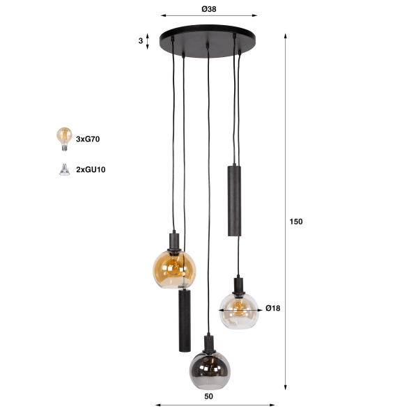 Hanglamp met glazen kap en zwart metaal - Sfera
