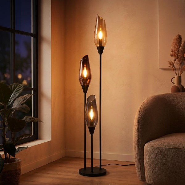 Design vloerlamp in zwart metaal met amberglazen kap - Barton