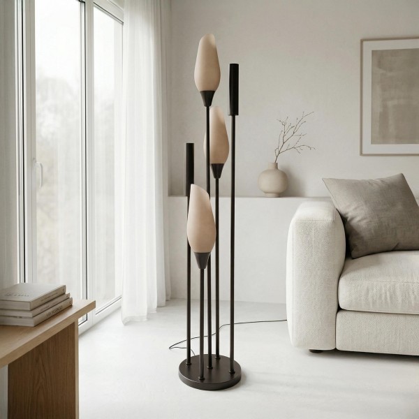 Design vloerlamp in bruin metaal met kap van opaalglas - Barton