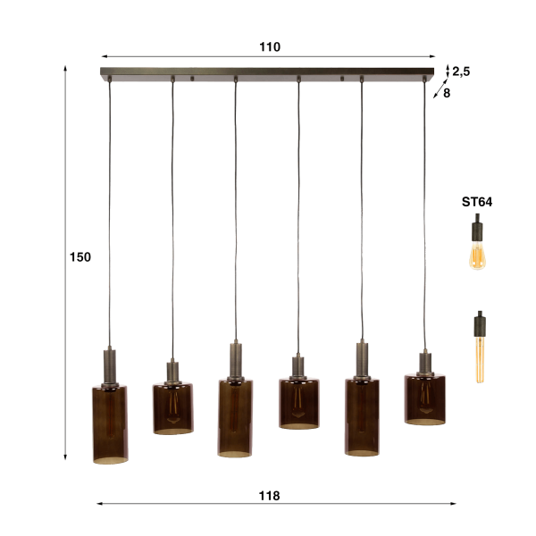 Hanglamp in bruin metaal en rookglas - Zenton