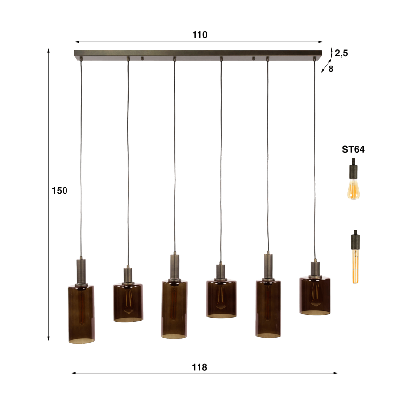 Hanglamp in bruin metaal en rookglas - Zenton
