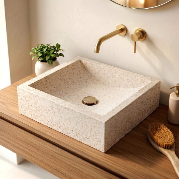 Witte terrazzo rechthoekige waskom 45 cm x 40 cm - Mayuri