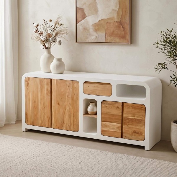 Lange dressoir voor de eetkamer in betonlook en massief acaciahout - Mineralis