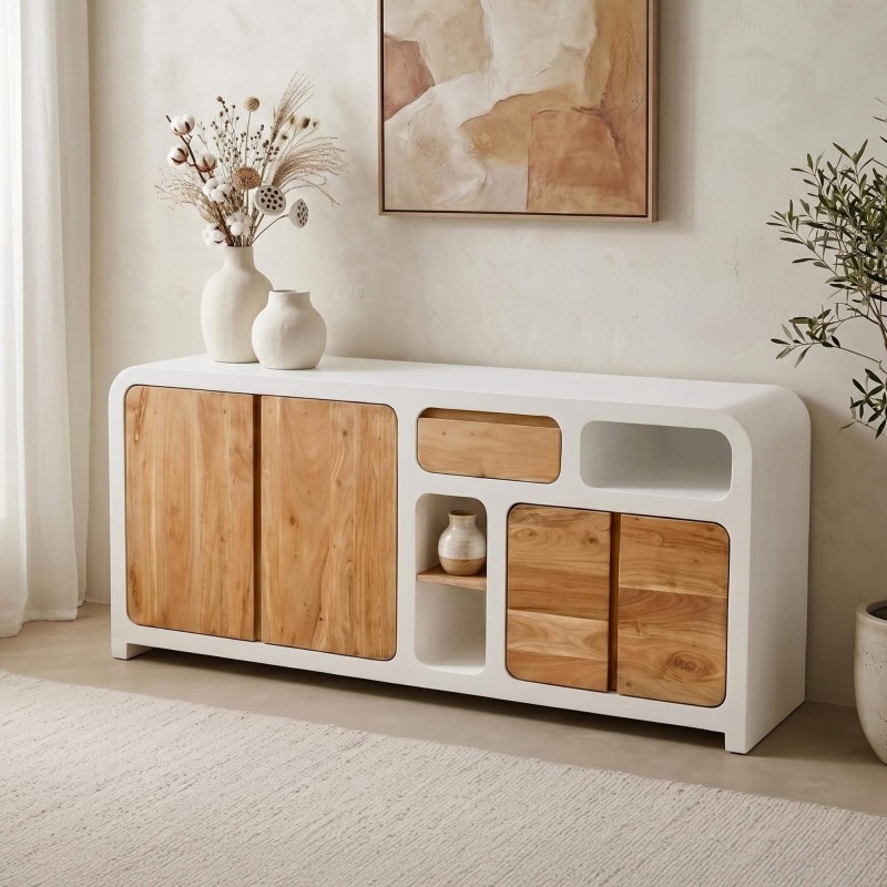 Lange dressoir voor de eetkamer in betonlook en massief acaciahout - Mineralis