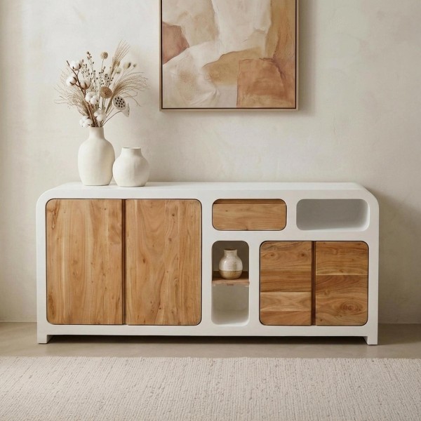 Lange dressoir voor de eetkamer in betonlook en massief acaciahout - Mineralis