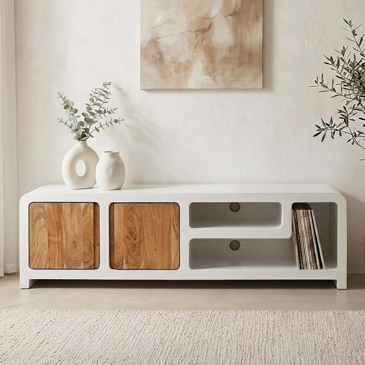 TV-meubel in betonlook en massief acaciahout 180 cm - Mineralis