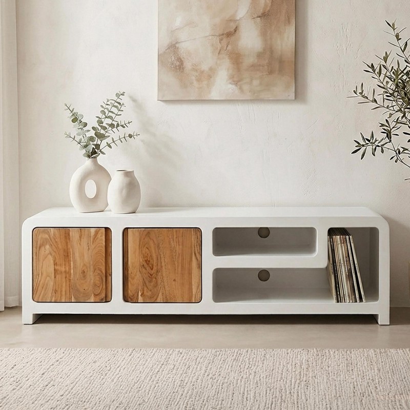 TV-meubel in betonlook en massief acaciahout 180 cm - Mineralis