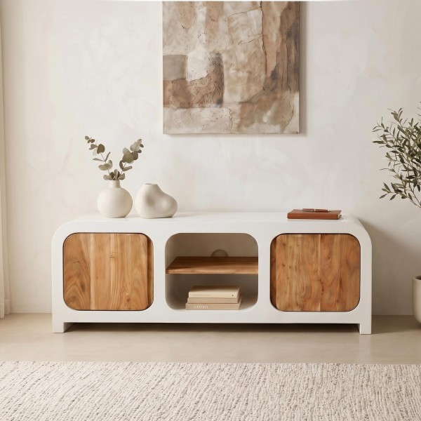 TV-meubel in betonlook en massief acaciahout 140 cm - Mineralis