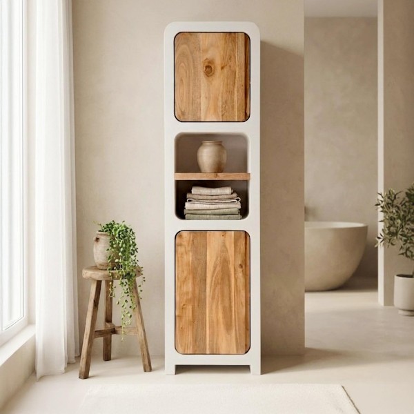 Badkamer kolomkast in betonlook en massief acaciahout - Mineralis