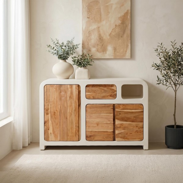 Dressoir voor de eetkamer in betonlook en massief acaciahout - Mineralis