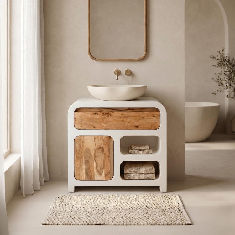 Wastafelonderkast in betonlook en massief acaciahout 80 cm - Mineralis