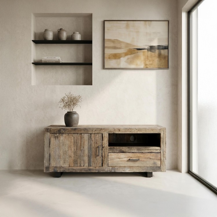 TV-meubel in donker, ruw oud hout 110 cm - Antique