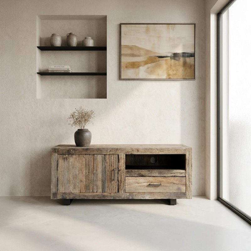 TV-meubel in donker, ruw oud hout 110 cm - Antique