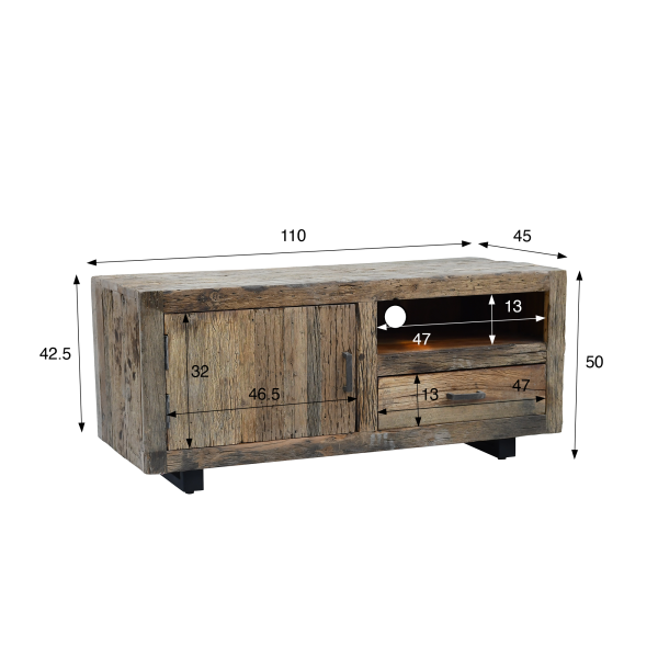 TV-meubel in donker, ruw oud hout 110 cm - Antique
