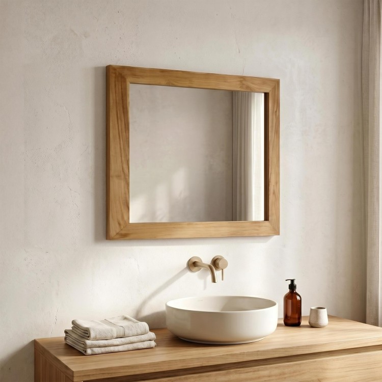 Rechthoekige spiegel 80 cm van massief teakhout frame