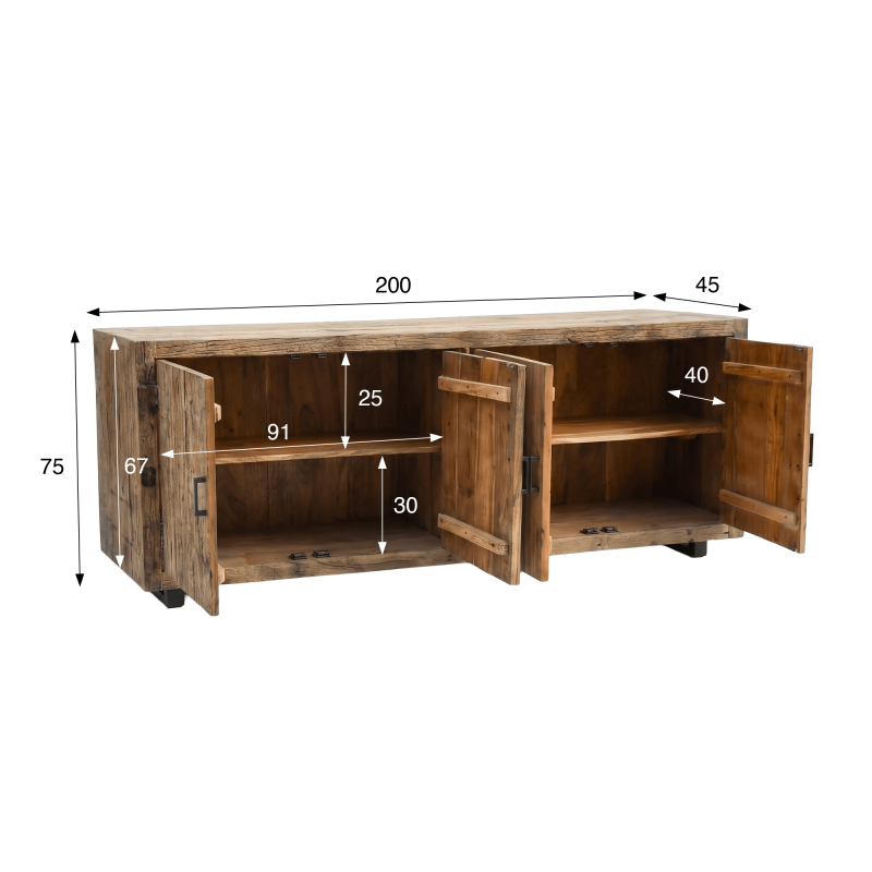 Dressoir in massief, ruw oud hout 200 cm - Antique