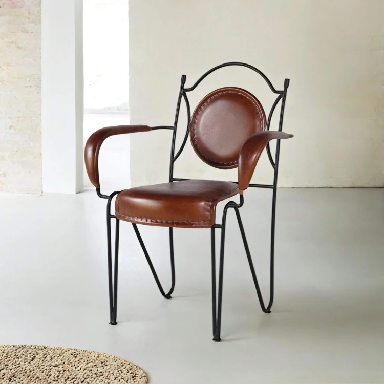 Vintage stoel van leer en metaal "Faites comme chez vous"