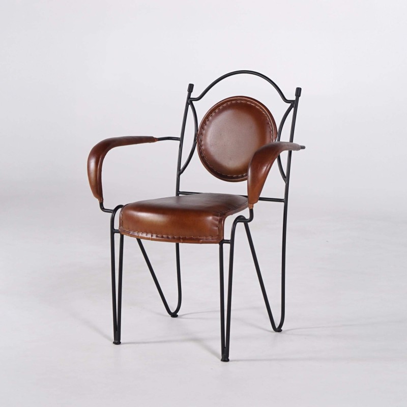 Vintage stoel van leer en metaal "Faites comme chez vous"
